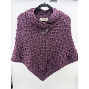 Aran Sweater Market Womens Merino Wool Cable Knit Button Poncho Plum Purple M/L
